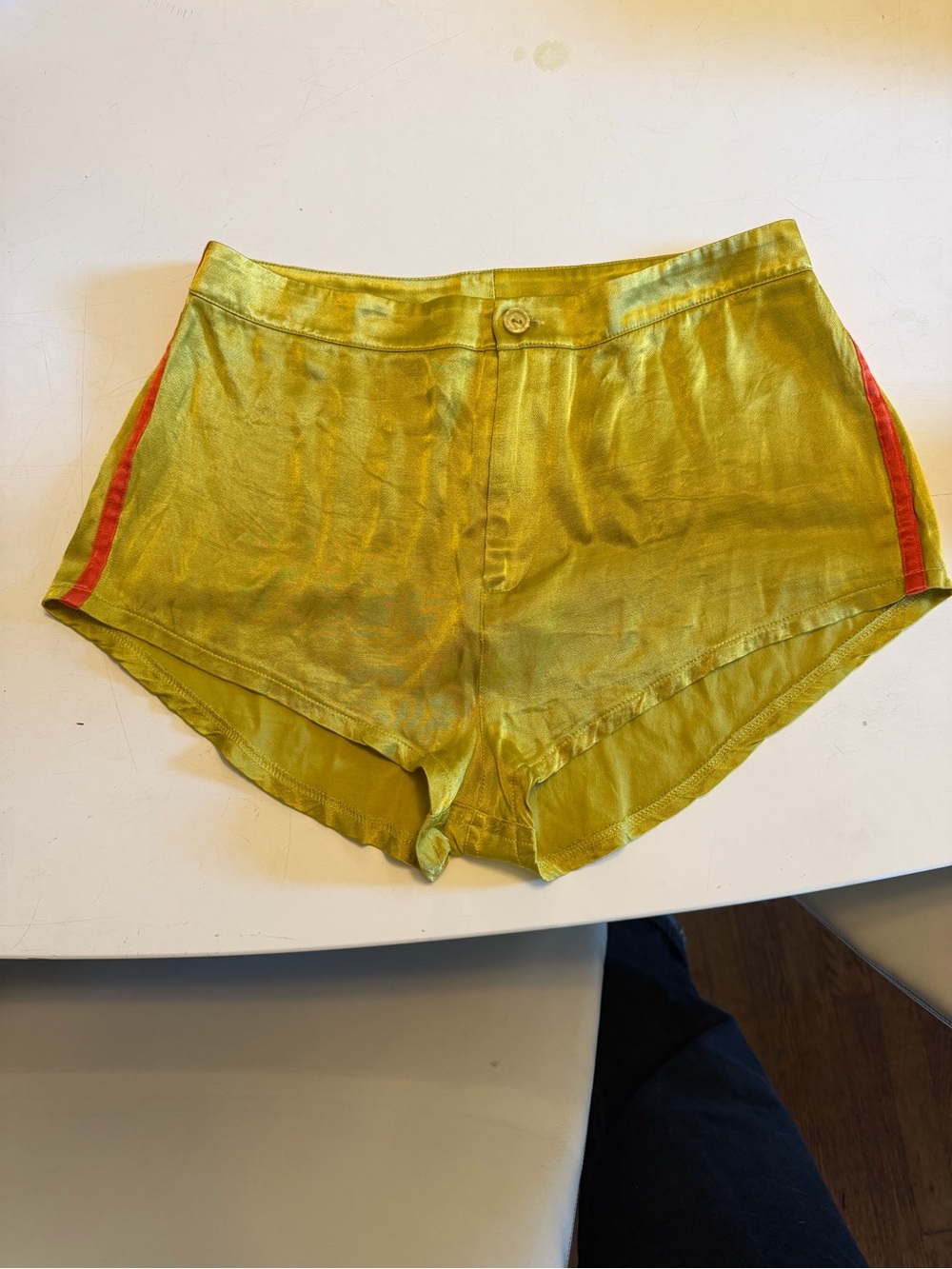 Rezek studio High-Waist Lime Green Satin Shorts with Red Side Stripe